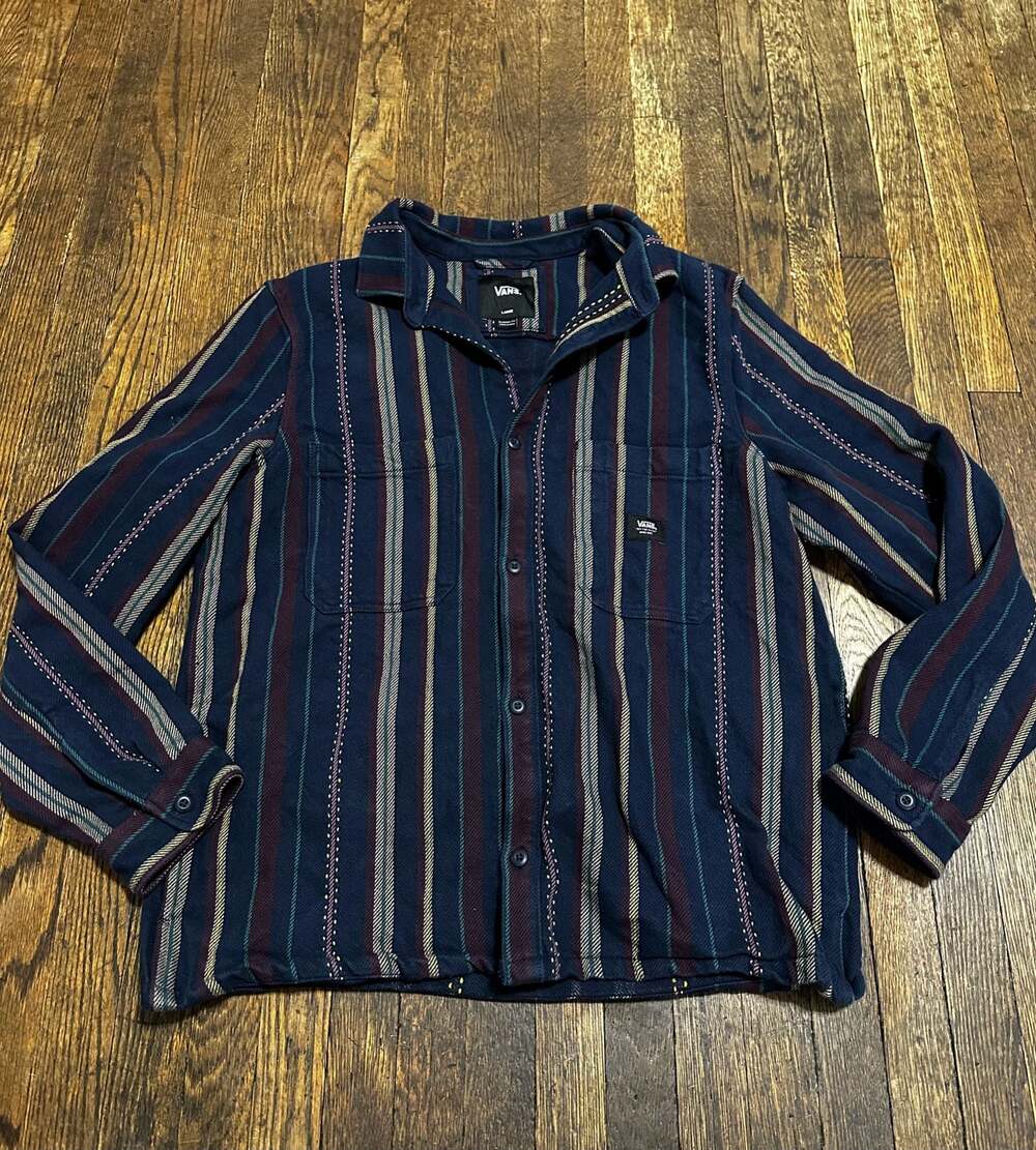 Y2K Skater Vans Men's Large Striped Button-Down Shirt Jacket Shacket